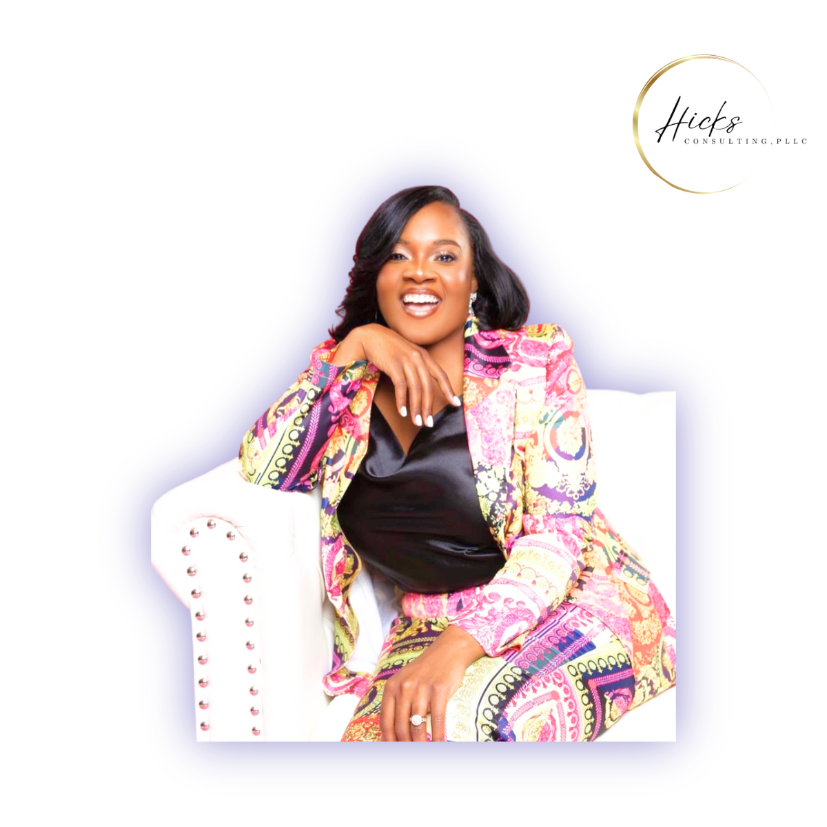 Monika Hicks seated portrait with Hicks Consulting logo
